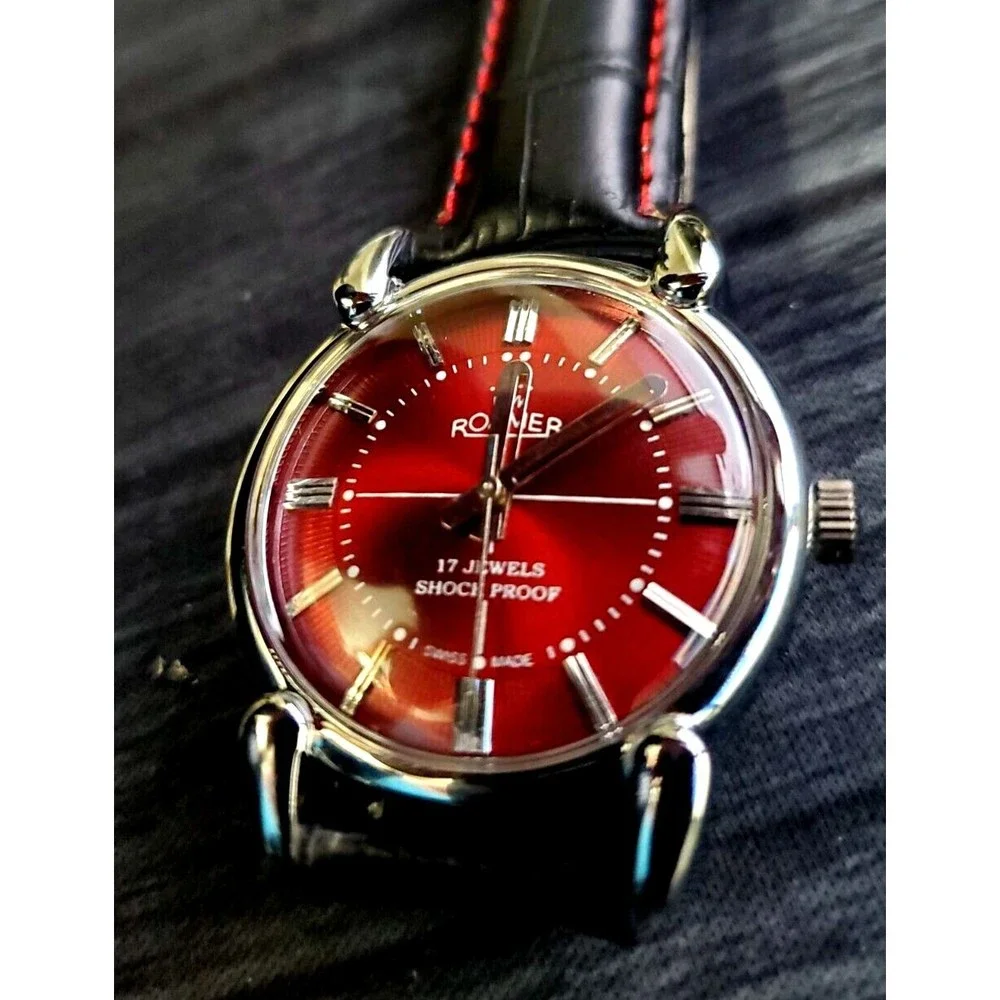 Vintage Rare‎ Roamer Brevete Swiss Mens Mechanical Watch RED Burst Serviced Runs